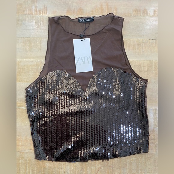Zara Brown Sequin Tulle crop top NWT - Picture 9 of 13